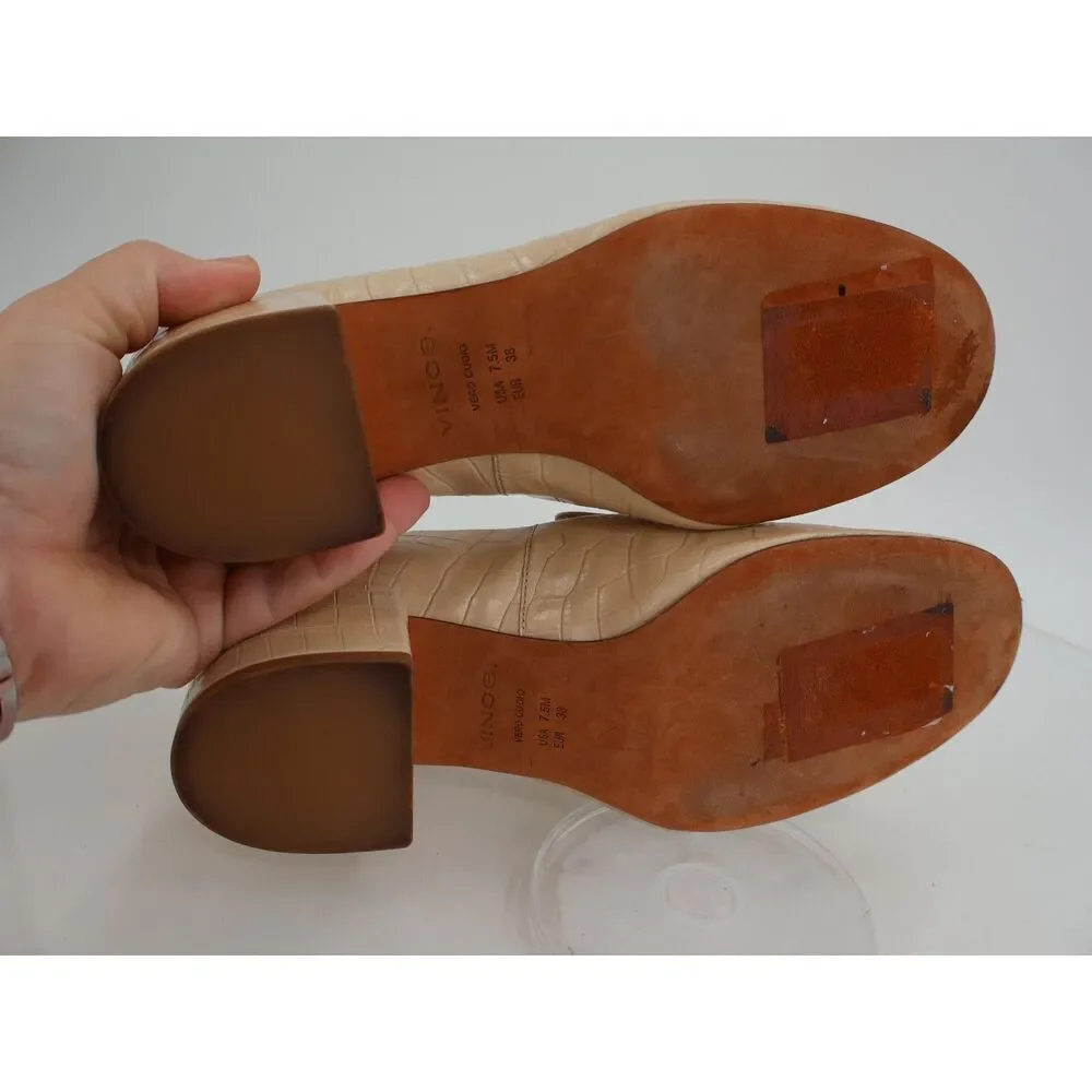 Vince Millie Alligator Loafer Size 7.5 M Beige Block Heel Leather Slip On Shoes